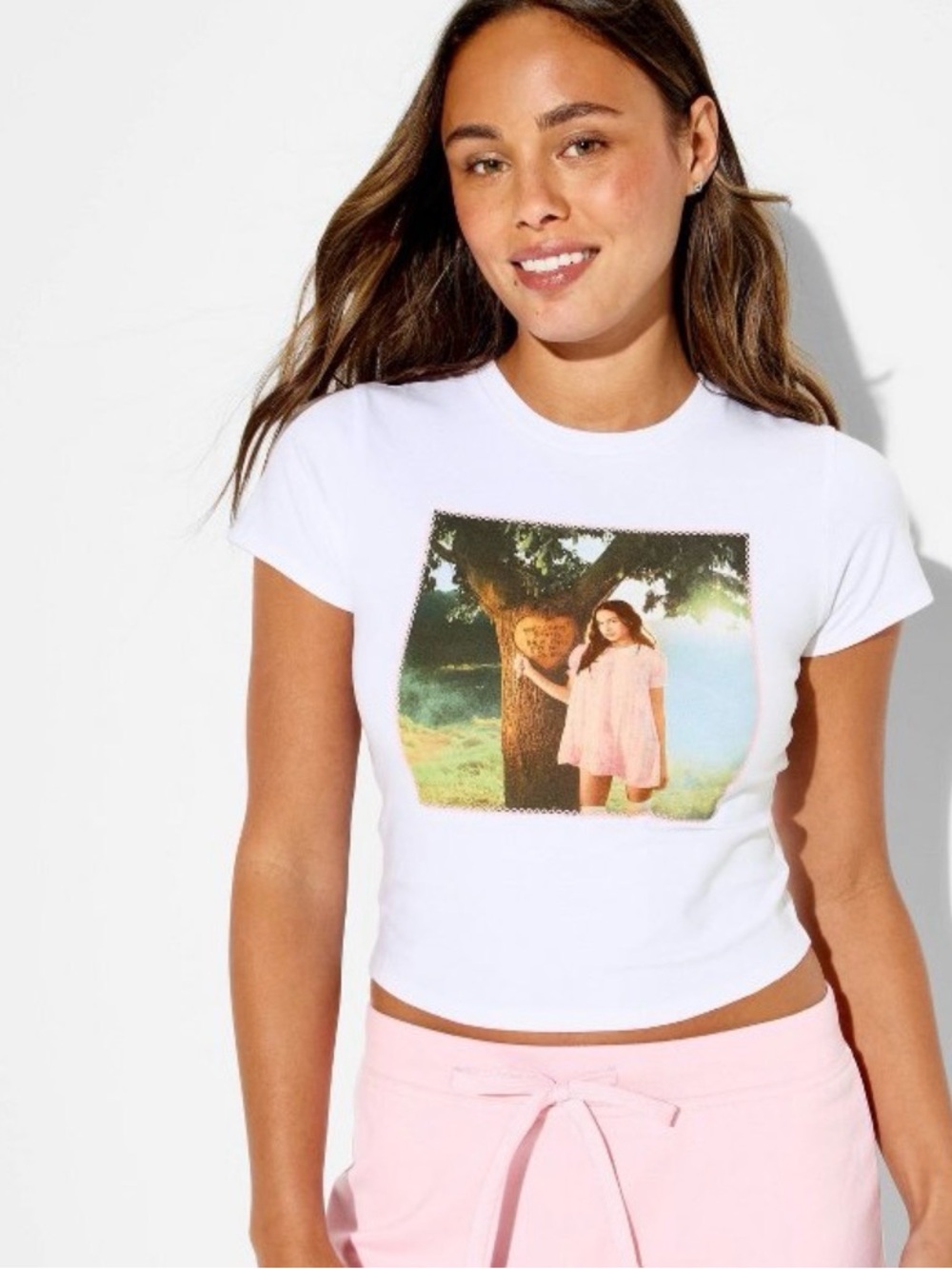 Women’s Olivia Rodrigo White Graphic Baby Tee with Pastel Print